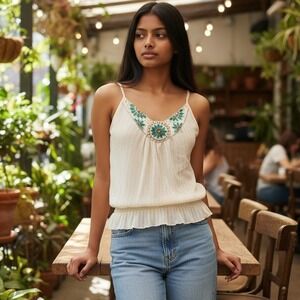 Guess Jeans Cream Silk Metallic Beaded Camisole Top Y2K Bling Fairycore Jewel XL